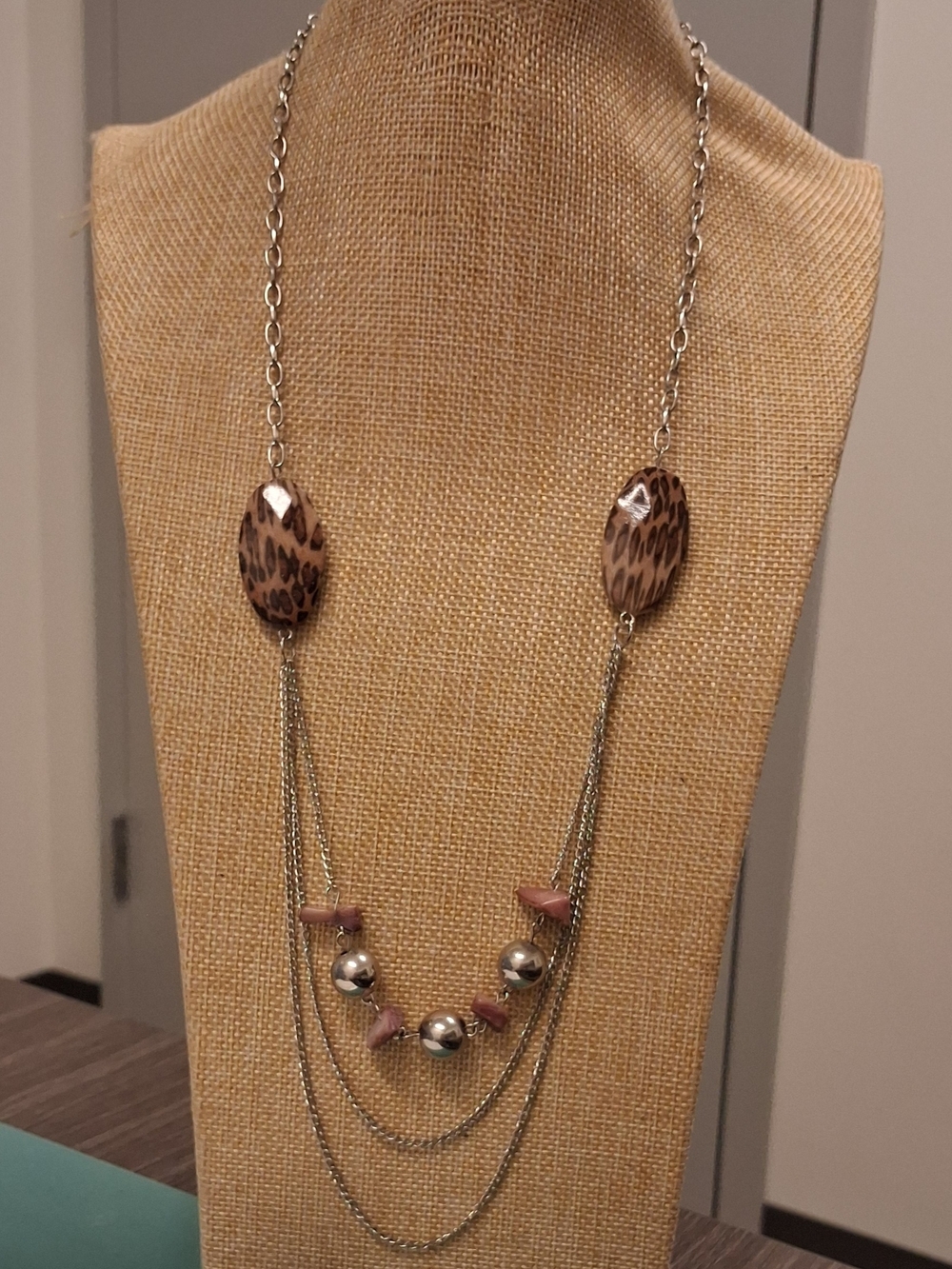 Leopard Accent Multi-Strand Necklace in Brown and Silver
